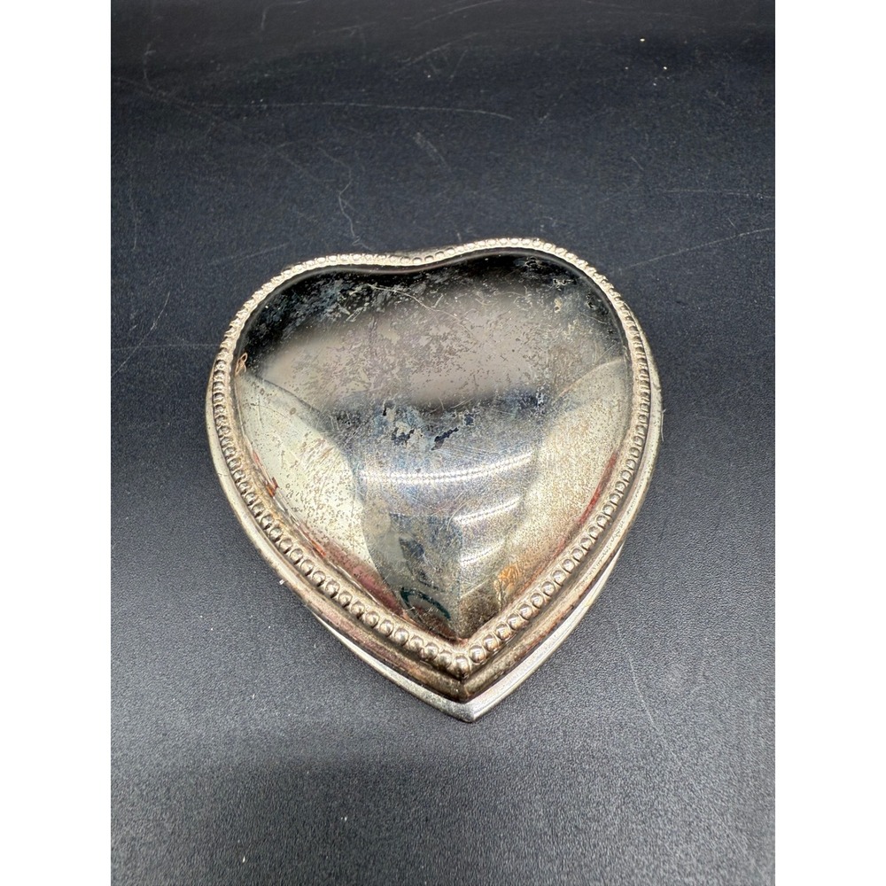 Vintage Silver‎ Heart Trinket Box with Pink Velvet Lining and Beaded Trim